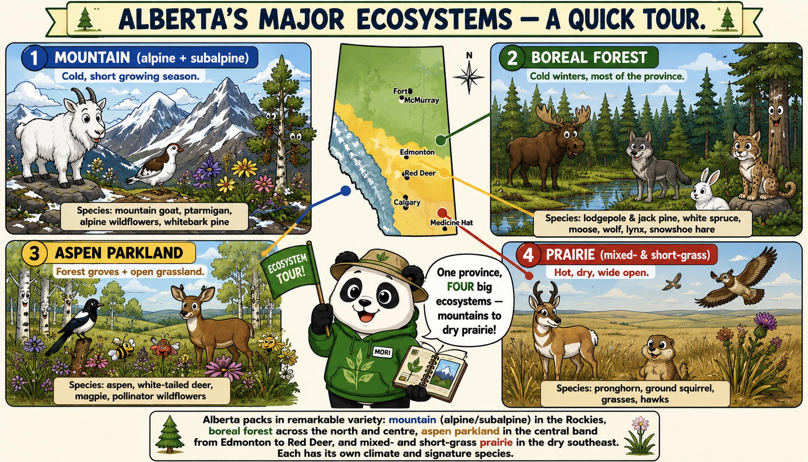Alberta's four major ecosystems — mountain, boreal forest, aspen parkland and prairie — arranged around a map of the province marking Fort McMurray, Edmonton, Red Deer, Calgary and Medicine Hat, each panel listing its signature species.