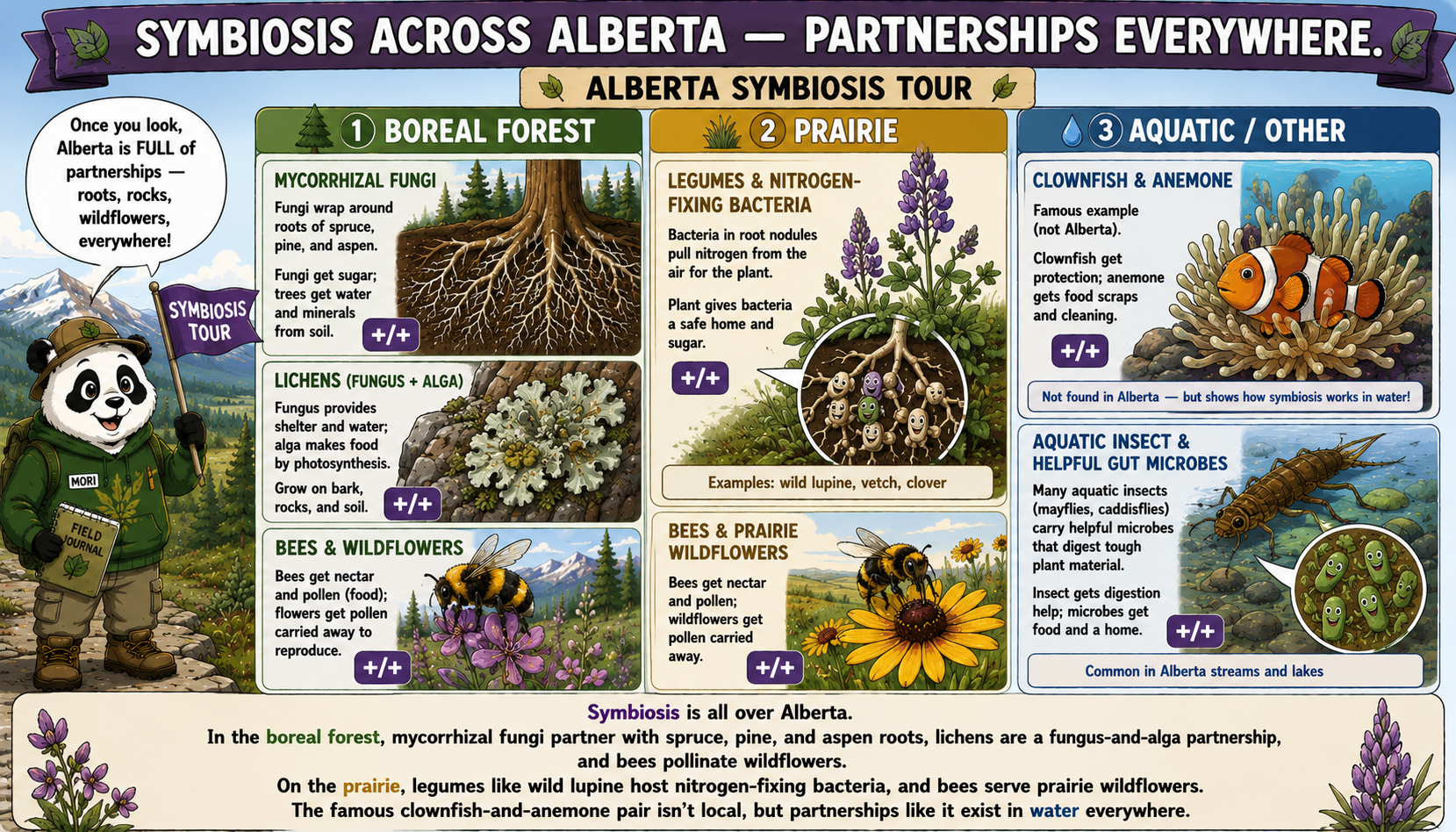 A symbiosis tour across Alberta: mycorrhizal fungi on spruce and aspen roots and lichens in the boreal forest, nitrogen-fixing bacteria on wild lupine and bees on prairie wildflowers, and an aquatic panel whose clownfish-and-anemone example is explicitly labelled "not found in Alberta."