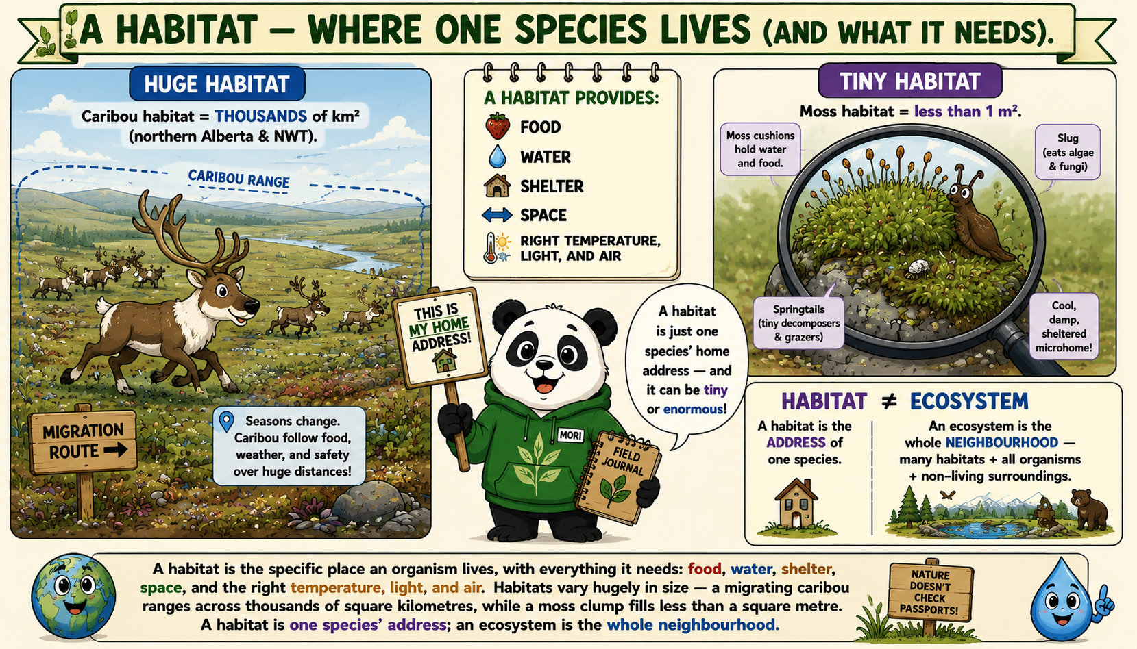 A two-panel habitat comparison: on the left, caribou migrating across thousands of square kilometres of northern Alberta and the Northwest Territories; on the right, a magnifying glass over a moss cushion smaller than one square metre, holding springtails and a slug.
